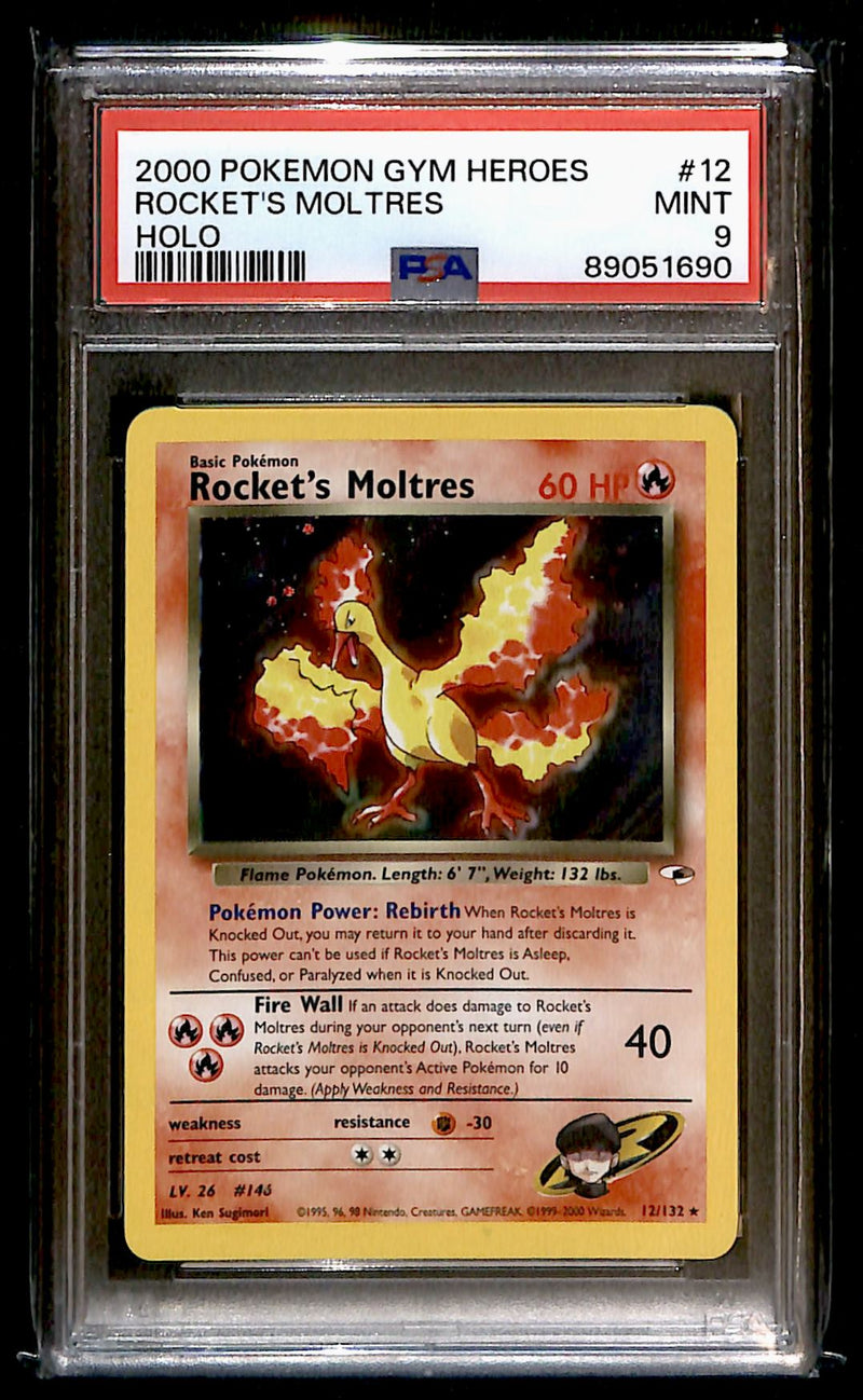 Rockets Moltres Holo Gym Heroes 12/132, PSA 9 Pokemon Card